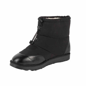 Black quilted ankle boot with toggle closure and patent leather toe cap