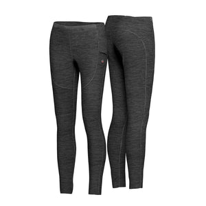 Front and back view of dark grey heathered athletic leggings with side pocket
