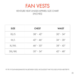 Venture Heat unisex fan vest size chart showing chest and waist measurements in inches