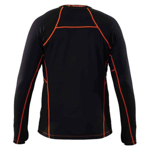 Back view of a black long sleeve compression shirt with orange contrast stitching
