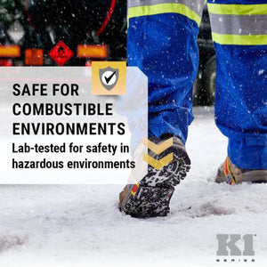 K1 Series traction cleats worn on boots in snowy conditions for safety in combustible environments