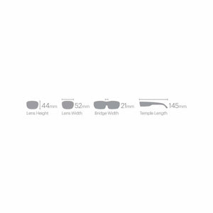 Smith Optics eyewear sizing diagram showing lens height width bridge width and temple length measurements