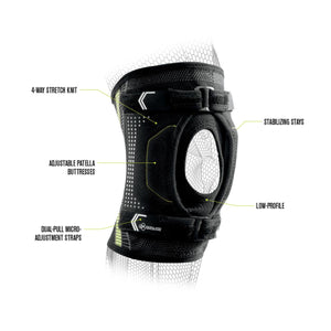 DonJoy knee brace featuring 4-way stretch knit, stabilizing stays, adjustable patella buttresses, and adjustment straps