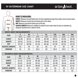 ActionHeat 5V outerwear size chart for men and women with measurement instructions