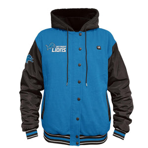 Detroit Lions blue and black varsity style hooded jacket with team logo