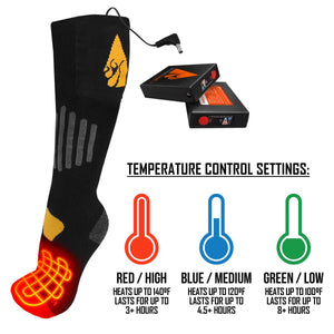ActionHeat heated socks with battery packs and temperature control settings chart