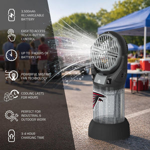 Alpha Cool misting fan with Atlanta Falcons logo and feature list
