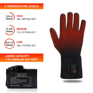 Dr Warm heated glove showing three temperature settings and 7.4V 2600mAh battery specifications