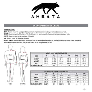 Aheata 7V outerwear size chart for men and women with measurement instructions