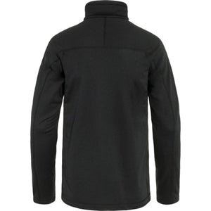 Back view of a black FjallRaven fleece jacket with a high collar
