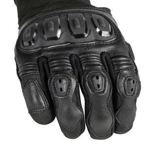 Black leather motorcycle glove with knuckle and finger armor protection