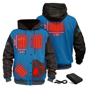 ActionHeat Detroit Lions heated varsity jacket with heating element dimensions and power bank