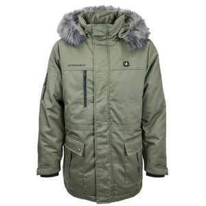 ActionHeat olive green parka with faux fur hood and multiple pockets