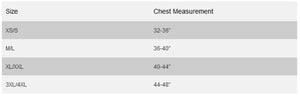 KewlFit size chart showing chest measurements for sizes XS S through 3XL 4XL