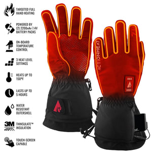 ActionHeat battery powered heated gloves with feature list including touch screen capability and 3M Thinsulate insulation