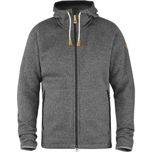 FjallRaven grey knit zip up hoodie with drawstring hood and side pockets