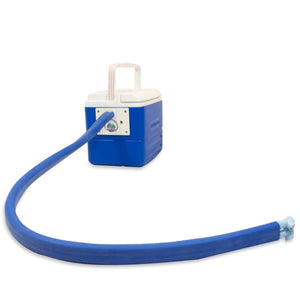 Polar Products blue and white portable cooler with attached blue hose