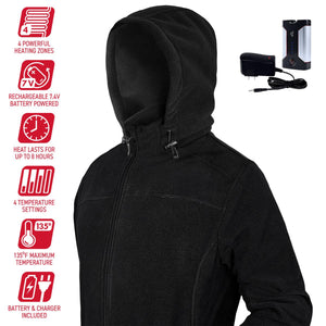 Gerbing black fleece heated hoodie with battery and charger icons showing features
