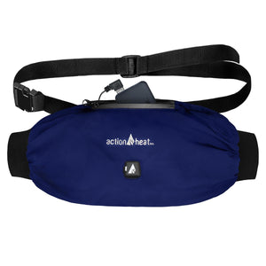 ActionHeat blue heated hand warmer muff with adjustable waist strap and power bank