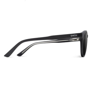 Side profile of matte black Smith sunglasses with silver temple accents