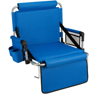 Blue folding stadium seat with metal frame and side storage pockets