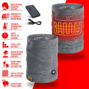 ActionHeat heated neck gaiter with power bank and technical feature list