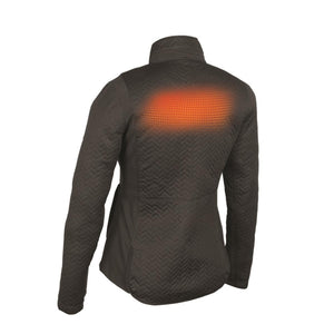 Mobile Warming black quilted jacket with glowing orange back heating element