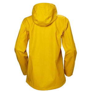 Back view of a yellow Helly Hansen rain jacket with a hood
