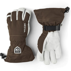 Hestra brown and white leather ski gloves with adjustable wrist straps