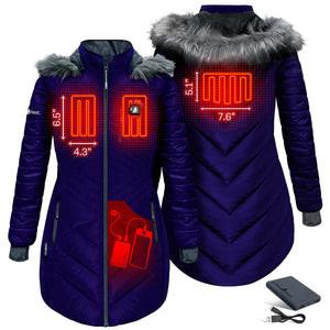 ActionHeat purple heated parka showing heating element dimensions and battery pack placement