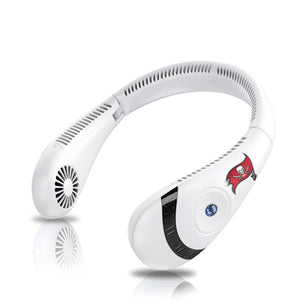 White wearable neck fan with Tampa Bay Buccaneers logo