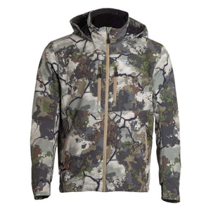 Mobile Warming hooded jacket in camouflage pattern with tan zipper details