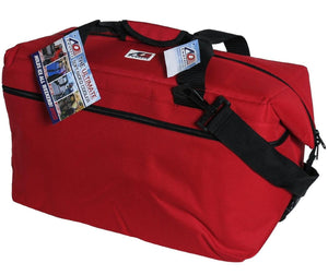 Red AO Coolers soft sided cooler bag with black straps and product tag