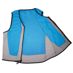 Blue and grey mesh cooling vest with front zipper closure