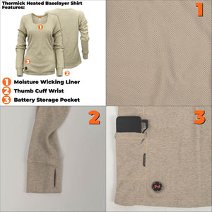 Thermick heated baselayer shirt showing moisture wicking liner thumb cuff wrist and battery storage pocket