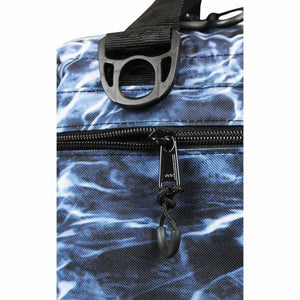 Close up of blue water print duffel bag showing black zipper and plastic D ring attachment