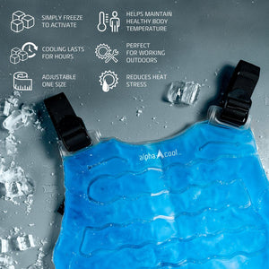 AlphaCool blue gel cooling vest with instructional icons and text on a grey background with ice cubes