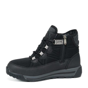 Black ankle boot with side zipper and lace up front