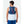 Man wearing a blue Nathan hydration vest over a light blue tank top viewed from the back