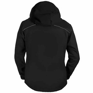 Back view of a black California Heat hooded jacket with reflective piping