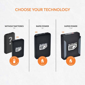 Comparison chart of 30 Seven battery technology options including without batteries, rapid power, and super power