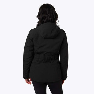 Back view of a black hooded Mobile Warming jacket