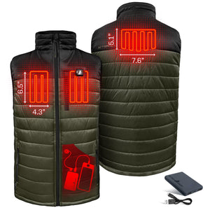ActionHeat heated vest showing heating element dimensions and power bank connection