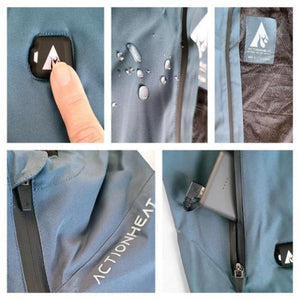 ActionHeat jacket features including power button, water resistant fabric, interior lining, branding, and battery pack
