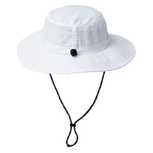 White sun hat with mesh ventilation panel and adjustable chin strap