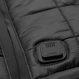 Black Racer branded power button on quilted fabric