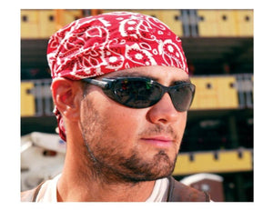 Man wearing a red paisley bandana and black sunglasses
