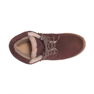 Cloud Nine Sheepskin brown suede lace up boot with cream wool lining viewed from above