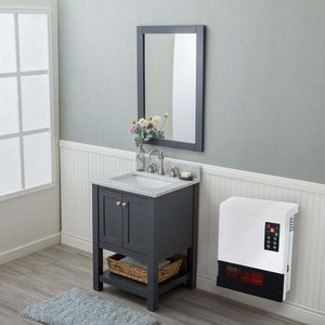 Wall mounted white electric heater next to a dark grey bathroom vanity with a marble countertop and mirror
