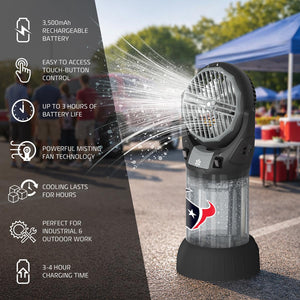 Alpha Cool misting fan with Houston Texans logo featuring battery life and performance specifications